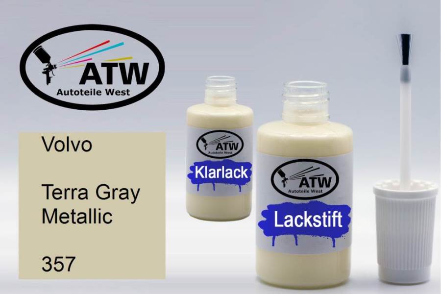 Volvo, Terra Gray Metallic, 357: 20ml Lackstift + 20ml Klarlack - Set, von ATW Autoteile West.